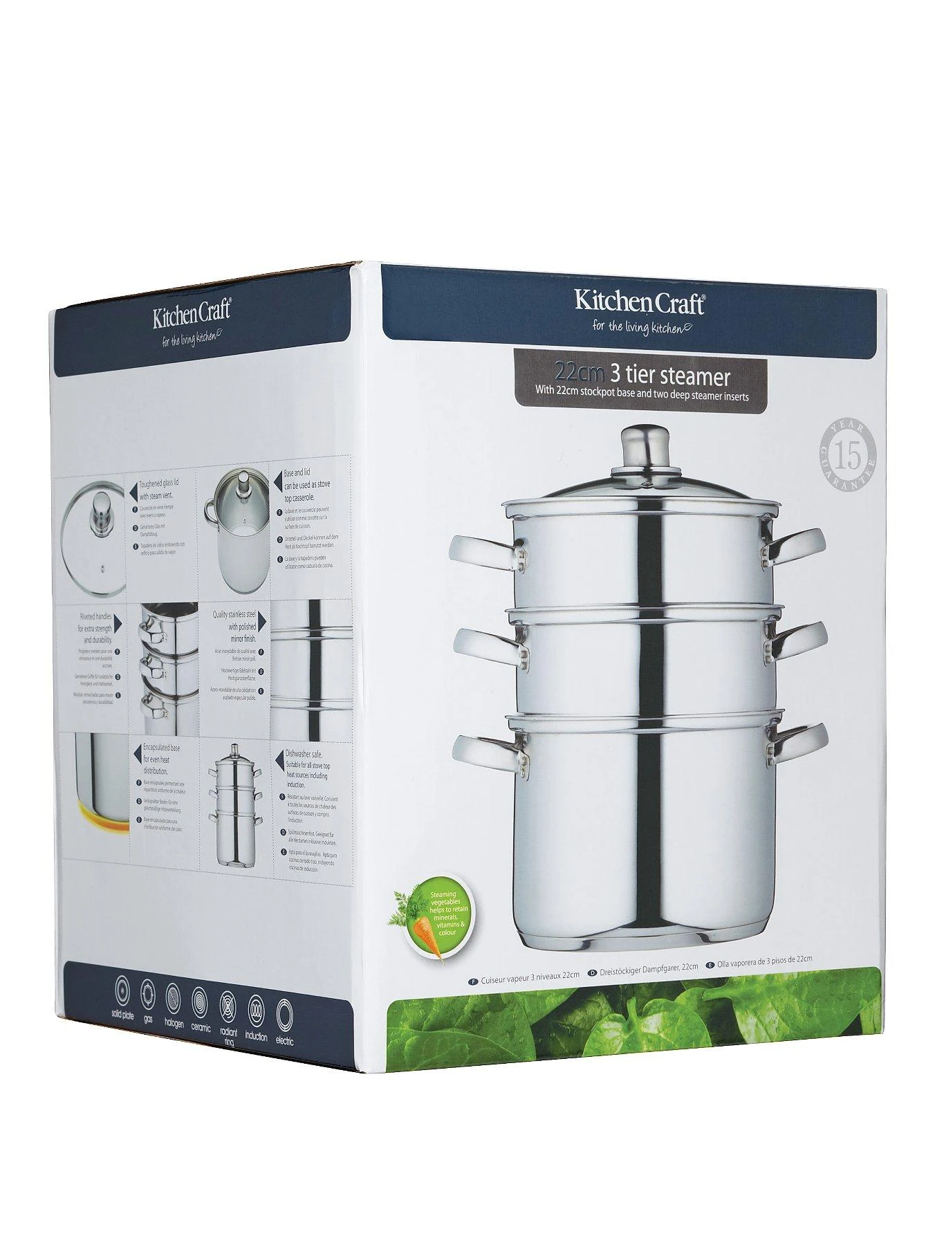 KitchenCraft 3-Tier 22 Cm Steamer - Stainless Steel 5 KitchenCraft 3-Tier 22 Cm Steamer - Stainless Steel - Image 3