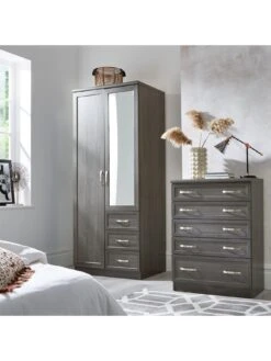 Very Home Camberley 2 Door, 3 Drawer Mirrored Wardrobe -Oleu Furniture Shop LPLLL SQ6 0000000558 DARK OAK SLd2