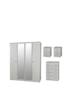 SWIFT Verve Part Assembled 4 Piece Package - 4 Door Mirrored Wardrobe, 5 Drawer Chest And 2 Bedside Chests - FSC® Certified -Oleu Furniture Shop PG69T SQ3 0000000005 GREY SLa