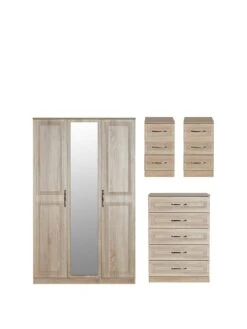 SWIFT Winchester Part Assembled 4 Piece Package - 3 Door Mirrored Wardrobe, Chest Of 5 Drawers And 2 Bedside Chests - FSC® Certified