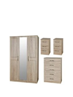 SWIFT Winchester Part Assembled 4 Piece Package - 3 Door Mirrored Wardrobe, Chest Of 5 Drawers And 2 Bedside Chests - FSC® Certified -Oleu Furniture Shop PG69X SQ3 0000000006 OAK SLa