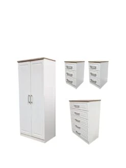 SWIFT Regent Ready Assembled 4 Piece Package - 2 Door Wardrobe, 5 Drawer Chest And 2 Bedside Chests - FSC® Certified -Oleu Furniture Shop PG6A9 SQ3 0000000010 WHITE OAK SLa
