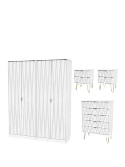 SWIFT Versailles Part Assembled 4 Piece Package - 4 Door Wardrobe, 5 Drawer Chest And 2 Bedside Chests - FSC® Certified -Oleu Furniture Shop PG6AE SQ3 0000000013 WHITE SLa