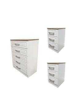 SWIFT Regent Ready Assembled 3 Piece Package - 5 Drawer Chest And 2 Bedside Chests - FSC® Certified -Oleu Furniture Shop PG6FJ SQ3 0000000010 WHITE OAK SLa