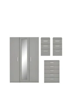 One Call Sanford Part Assembled High Gloss 4 Piece Package - 3 Door Mirrored Wardrobe, Chest Of 5 Drawers And 2 Bedside Chests