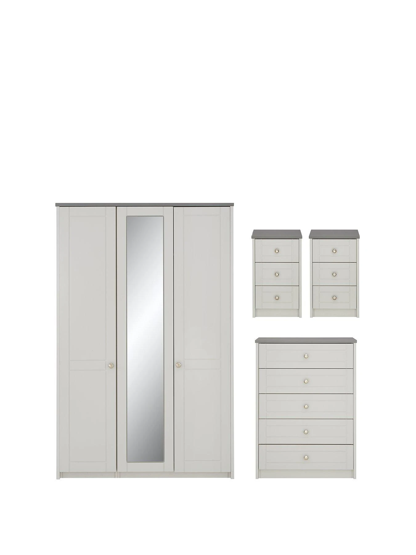 One Call Alderley Part Assembled 4 Piece Package - 3 Door Mirrored Wardrobe, Chest Of 5 Drawers And 2 Bedside Chests 3 One Call Alderley Part Assembled 4 Piece Package - 3 Door Mirrored Wardrobe, Chest Of 5 Drawers And 2 Bedside Chests