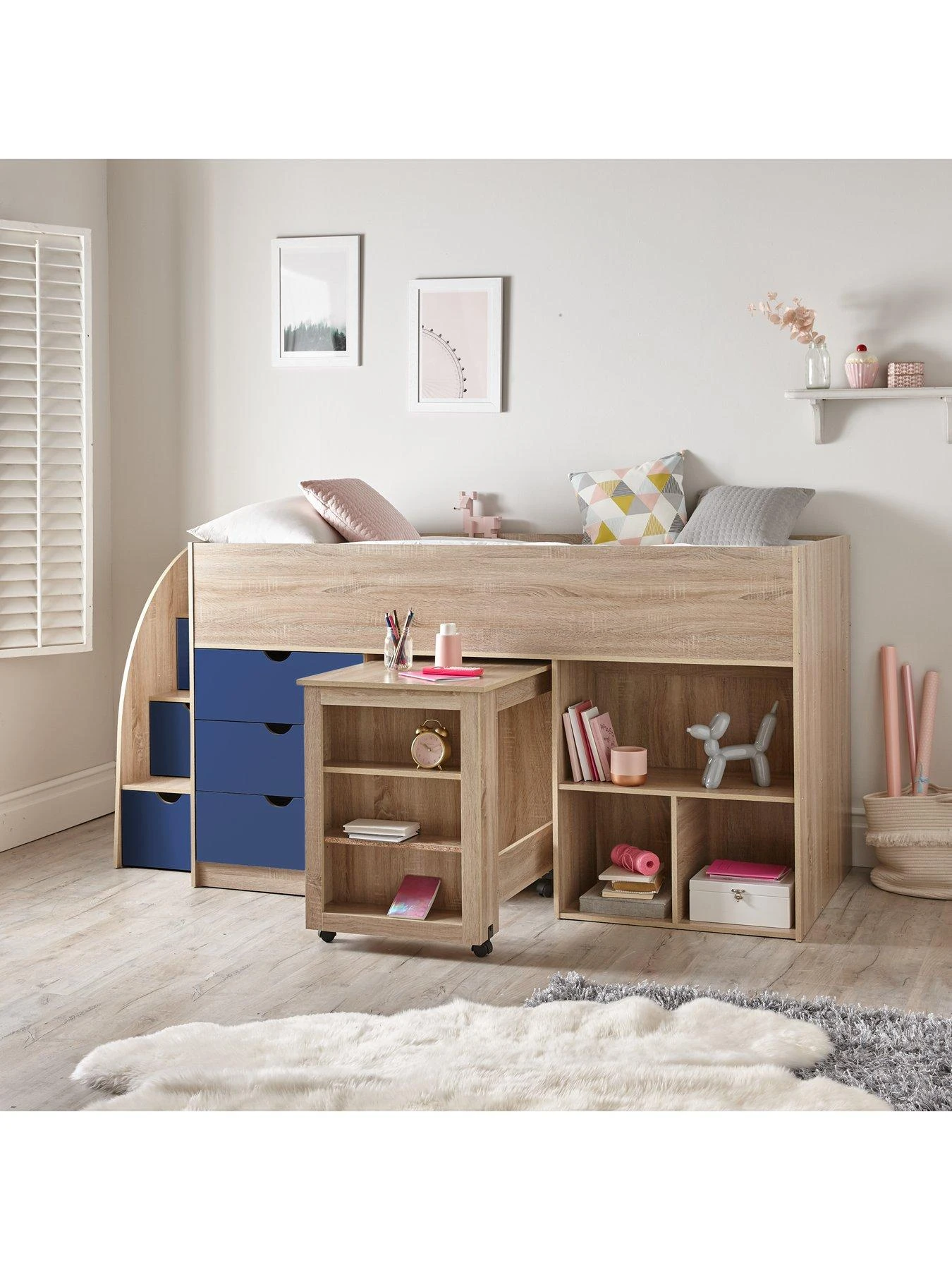 Very Home Mico Mid Sleeper Bed With Pull-Out Desk And Storage - Blue/Oak Effect 3 Very Home Mico Mid Sleeper Bed With Pull-Out Desk And Storage - Blue/Oak Effect