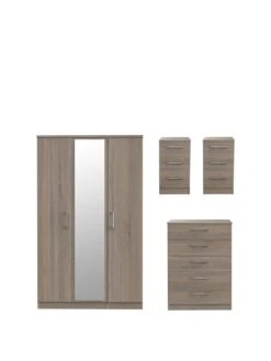 SWIFT Halton Part Assembled 4 Piece Package - 3 Door Mirrored Wardrobe, 5 Drawer Chest And 2 Bedside Chests - FSC® Certified