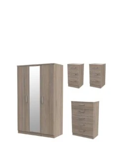 SWIFT Halton Part Assembled 4 Piece Package - 3 Door Mirrored Wardrobe, 5 Drawer Chest And 2 Bedside Chests - FSC® Certified -Oleu Furniture Shop Q9JX3 SQ3 0000000558 DARK OAK SLa