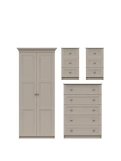 One Call Reid 4 Piece Ready Assembled Package - 2 Door Wardrobe, 5 Drawer Chest And 2 Bedside Cabinets