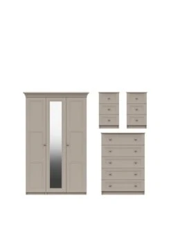 One Call Reid 4 Piece Part Assembled Package - 3 Door Mirrored Wardrobe, 5 Drawer Chest And 2 Bedside Cabinets