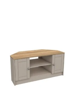 One Call Alderley Ready Assembled Cream Corner TV Unit - Rustic Oak/Taupe - Fits Up To 48 Inch -Oleu Furniture Shop QVHFF SQ3 0000014732 RUSTIC OAK TAUPE SLa