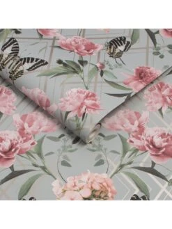 Sublime Botanical Trellis Grey / Pink Wallpaper -Oleu Furniture Shop RNQHD SQ2 0000000289 GREY PINK SLd