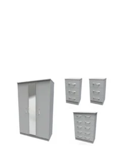 SWIFT Elton Part Assembled 3 Piece Package - 3 Door Mirrored Wardrobe, 5 Drawer Chest And 2 Bedside Chests - FSC® Certified