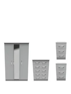 SWIFT Elton Part Assembled 3 Piece Package - 3 Door Mirrored Wardrobe, 5 Drawer Chest And 2 Bedside Chests - FSC® Certified -Oleu Furniture Shop V7QNM SQ3 0000000005 GREY SLa