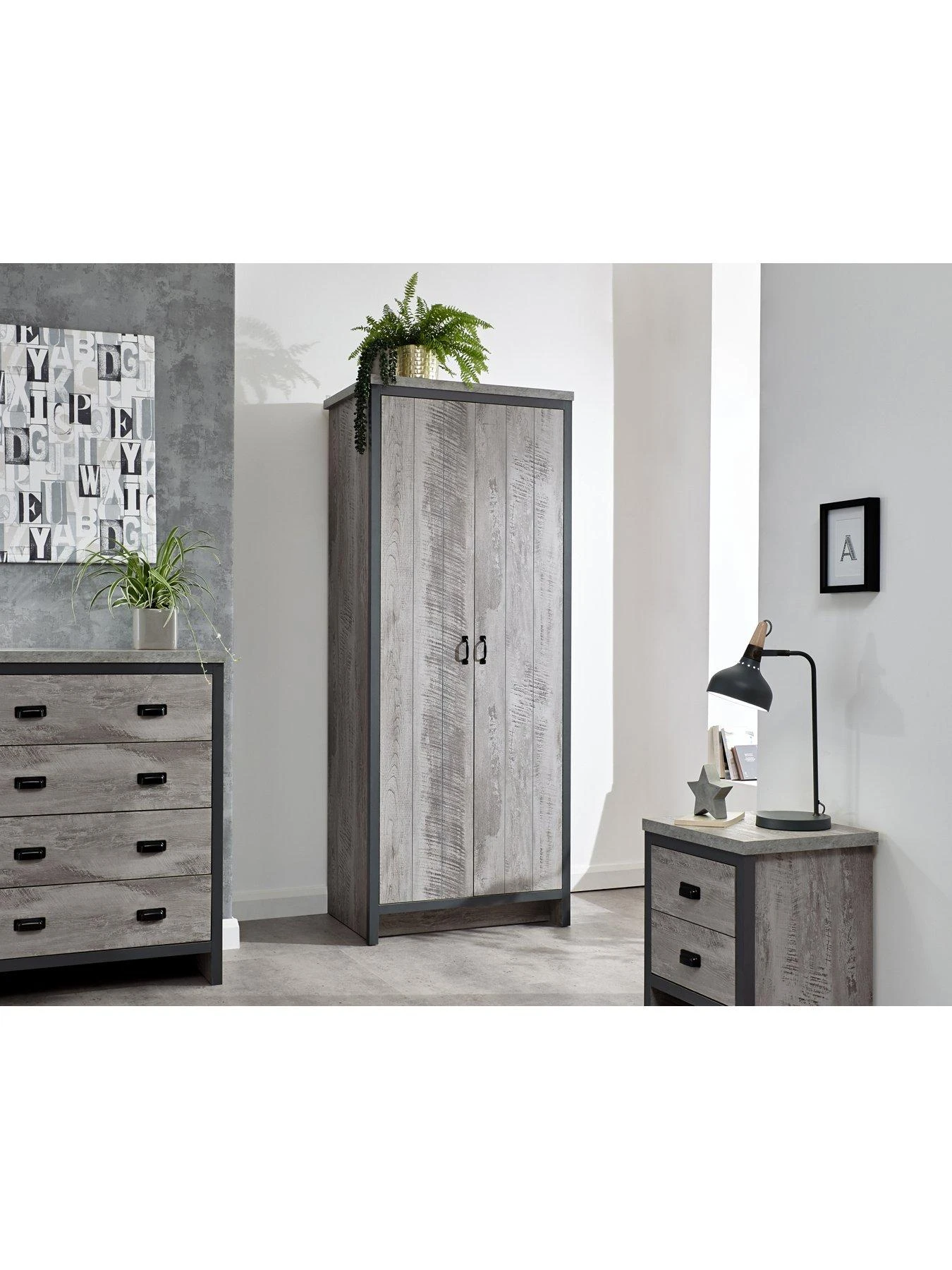 GFW Boston 3 Piece Package - 2 Door Wardrobe, 4 Drawer Chest, Bedside Chest - Grey 4 GFW Boston 3 Piece Package - 2 Door Wardrobe, 4 Drawer Chest, Bedside Chest - Grey - Image 2