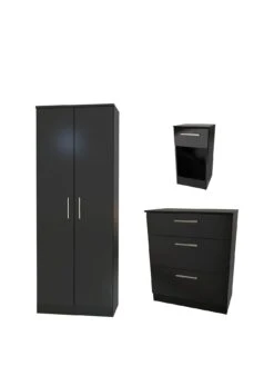SWIFT Montreal Gloss 3 piece Ready Assembled Package – 2 Door Wardrobe, 3 Drawer Chest And 1 Drawer Bedside Table - Black