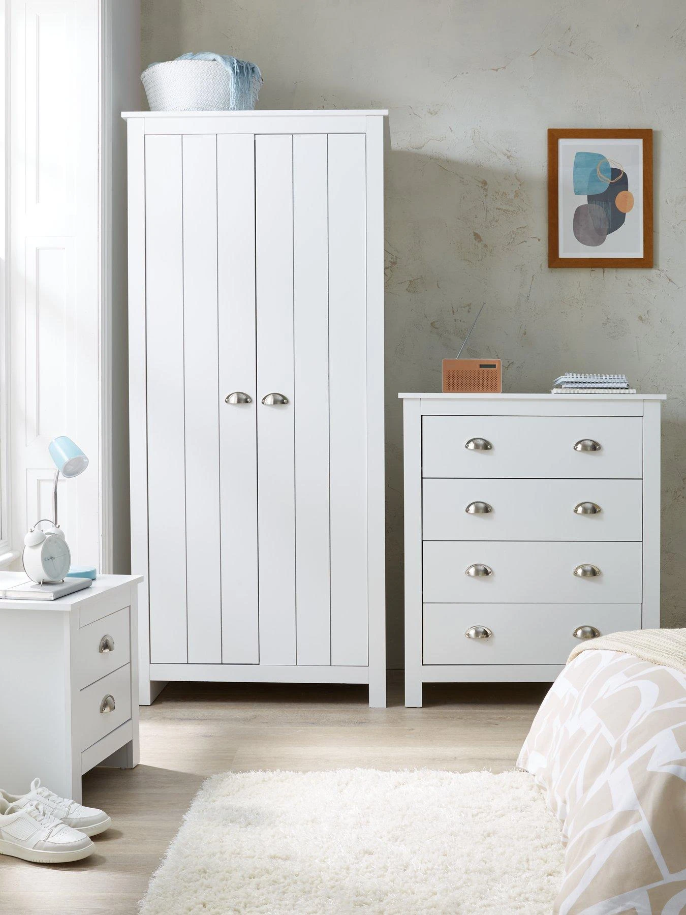 Very Home Atlanta 3 Piece Package - 2 Door Wardrobe, 4 Drawer Chest And 2 Drawer Bedside Chest - White 3 Very Home Atlanta 3 Piece Package - 2 Door Wardrobe, 4 Drawer Chest And 2 Drawer Bedside Chest - White