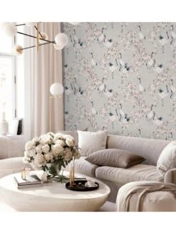 ARTHOUSE Blossom Cranes Natural And Pink Wallpaper