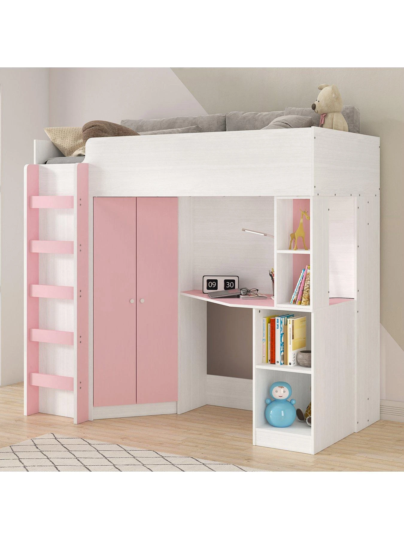 Very Home Miami Fresh High Sleeper Bed With Desk, Wardrobe, Shelves And Mattress Options (Buy And SAVE!) - Pink 4 Very Home Miami Fresh High Sleeper Bed With Desk, Wardrobe, Shelves And Mattress Options (Buy And SAVE!) - Pink - Image 2
