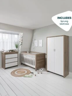 Tutti Bambini Modena 4 Piece Furniture Set- White/Oak (Cot Bed, Sprung Mattress, Chest Changer, Wardrobe)
